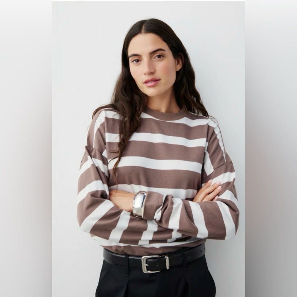 AYR The Early Mornings Stripe Cotton L/Sleeve Top Size S  Beige stripes Nautical